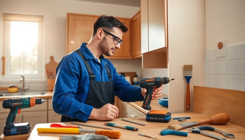 Handyman repairing a cabinet in a bright kitchen, showcasing expert skills and tools.