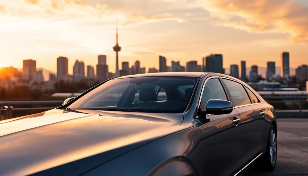 Experience luxurious Vancouver airport car service with stylish vehicles against the stunning skyline.