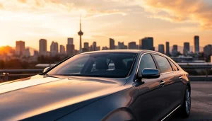 Experience luxurious Vancouver airport car service with stylish vehicles against the stunning skyline.