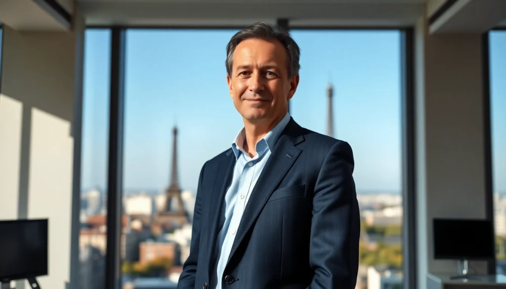 François Bayrou, nouveau premier ministre français, se tenant dans un bureau moderne avec une vue de Paris.