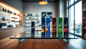 Showcasing colorful Elf bar options artfully arranged in a modern vape shop.