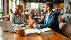 Reconnect with former colleagues over coffee in a modern office café, fostering professional relationships.