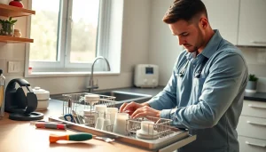 Technician conducting dishwasher repair with tools in a modern kitchen setting.