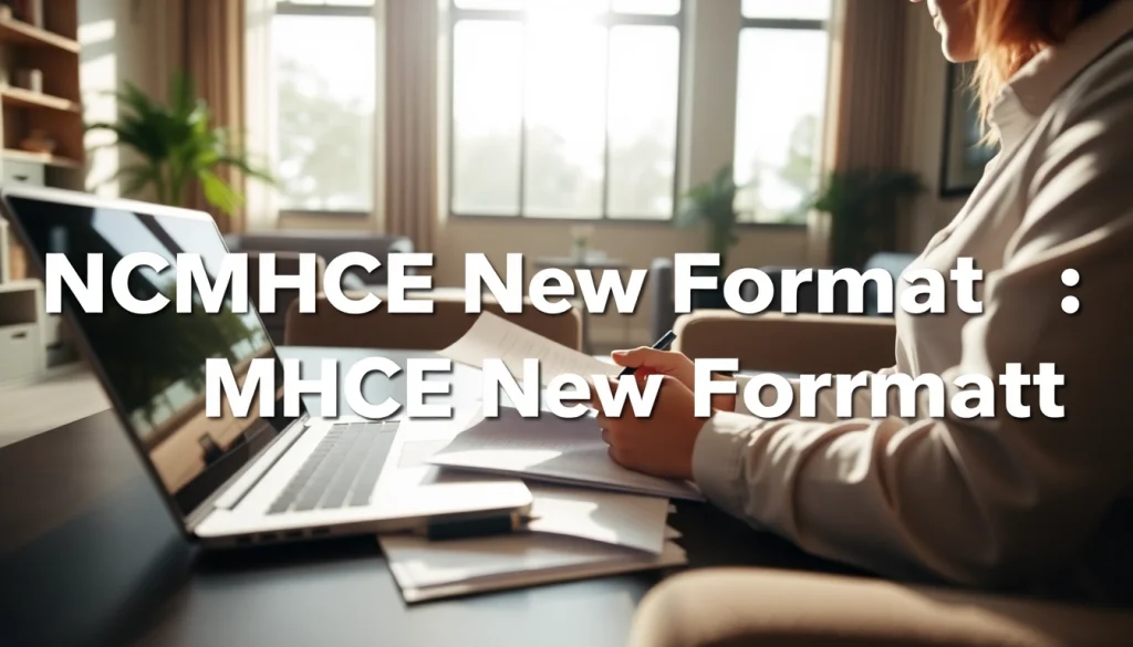 NCMHCE New Format evaluation scene with a counselor analyzing case studies and notes.