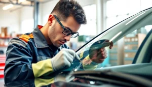 Technician performing Auto Glass Replacement in Portland, showcasing precision work on a windshield.