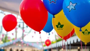 Print balloons with your logo showcased at a vibrant outdoor event, evoking celebration and branding.