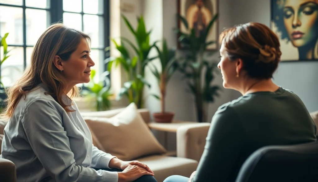 Engaged client and therapist during Traumatherapie session in a calming office setting.