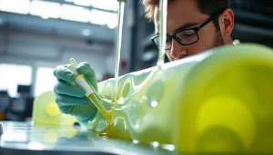 Technician applying infusion resins in a well-lit manufacturing setting, showcasing resin flow.