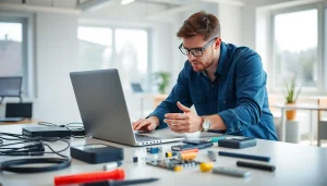 Get reliable computer help near me from a skilled technician assisting a customer.