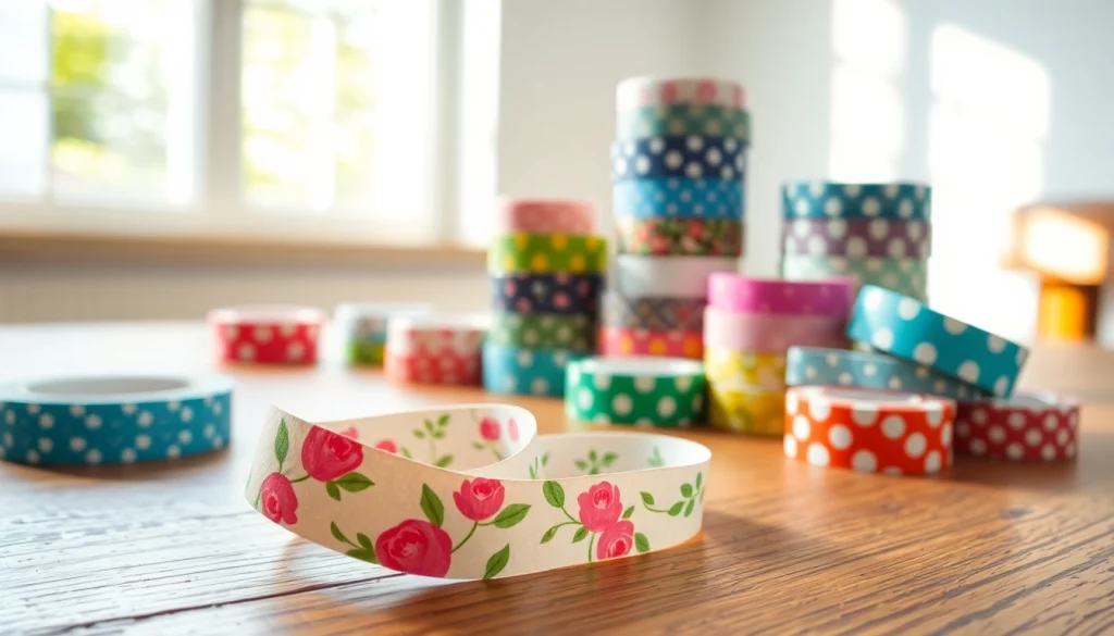 Creative display of washi tape rolls showcasing vibrant designs and textures.
