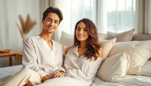 Model relaxing in bamboo sleepwear, showcasing comfort and elegance in a soothing bedroom setting.
