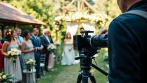 Edmonton videographer filming a wedding ceremony with a picturesque background.