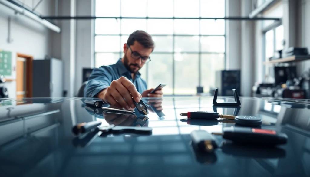 Expert creating replacement car keys inside a workshop with modern tools and a sleek car.