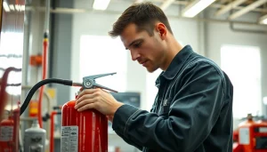 Fire extinguisher service technician inspecting equipment in a professional setting.