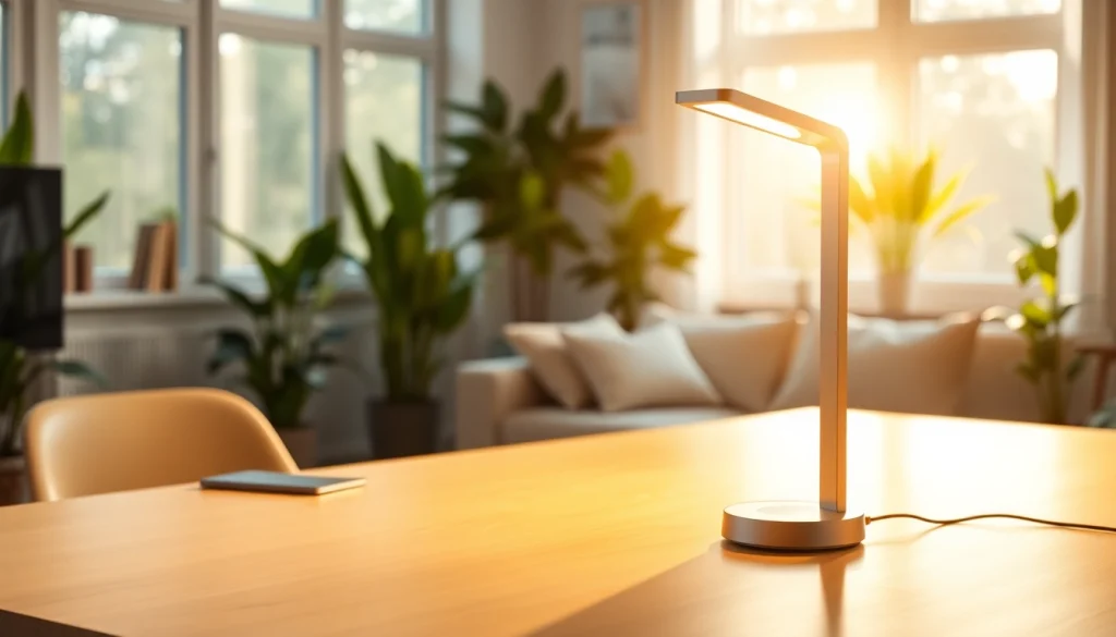 COMLED lamp illuminating a modern living room with stylish design and natural light.