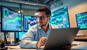 Investment analyst utilizing an ai stock picker to analyze stock data in a professional office.