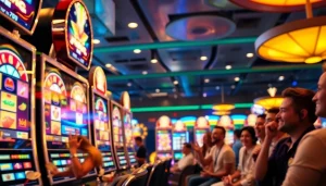Menangkan jackpot besar di game slot dengan mesin yang berkilau dan pemain bersemangat.