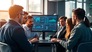 Red teaming in action with a cybersecurity team reviewing critical data in a modern office.