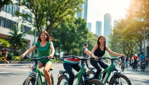 Experience ebike Singapore riders enjoying a sunny urban ride on modern electric bicycles.