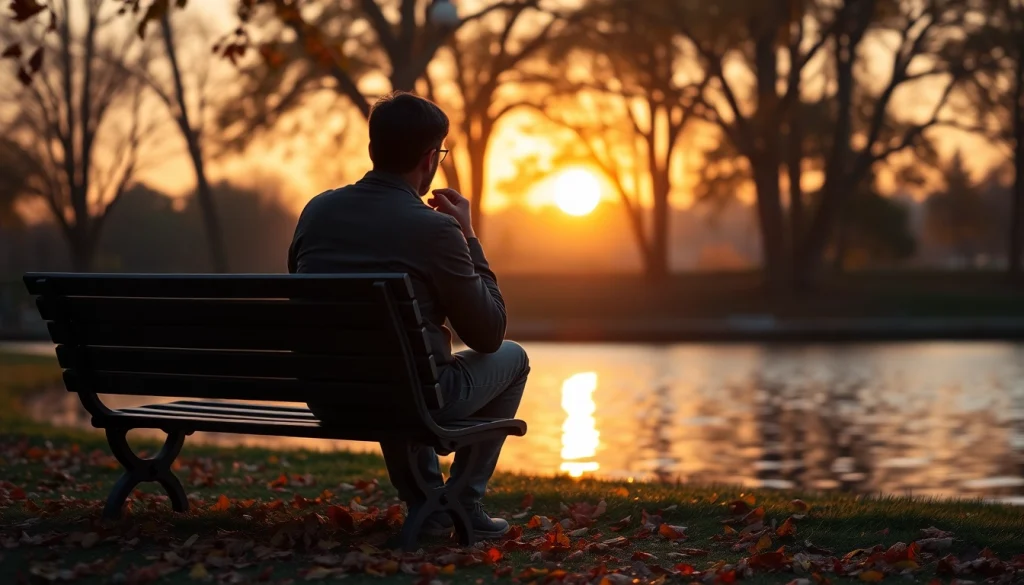Person contemplating while dealing with grief at a serene lakeside setting during sunset.