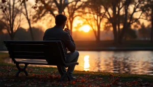 Person contemplating while dealing with grief at a serene lakeside setting during sunset.