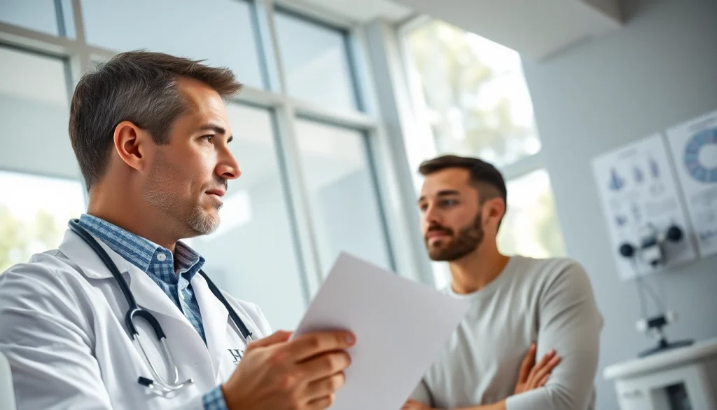 Consulting on Testosterone Replacement Therapy in a modern clinic setting with a dedicated healthcare professional.