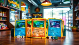 Showcasing real Pokémon cards on a game store table, highlighting their unique features.