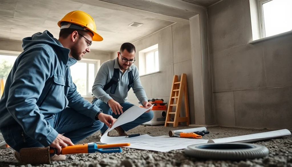 Waterproofing contractors near me Geneva inspecting a basement for moisture issues.