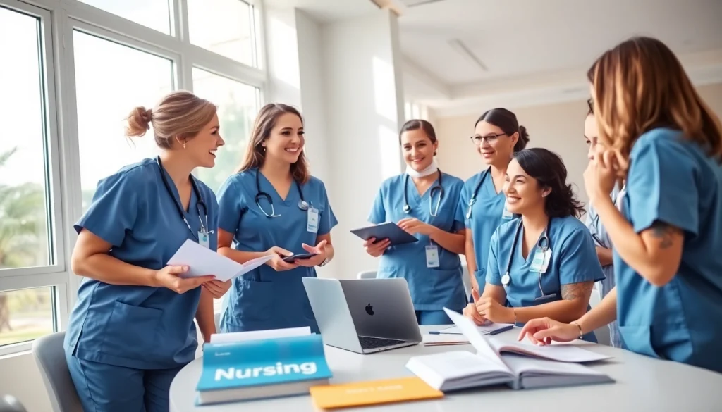 Nursing CEUs in an engaging collaboration among nurses in a well-lit environment.