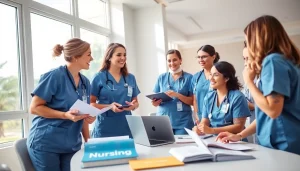 Nursing CEUs in an engaging collaboration among nurses in a well-lit environment.