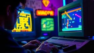 Engage to play dos games on a retro computer in a vibrant digital arcade scene.