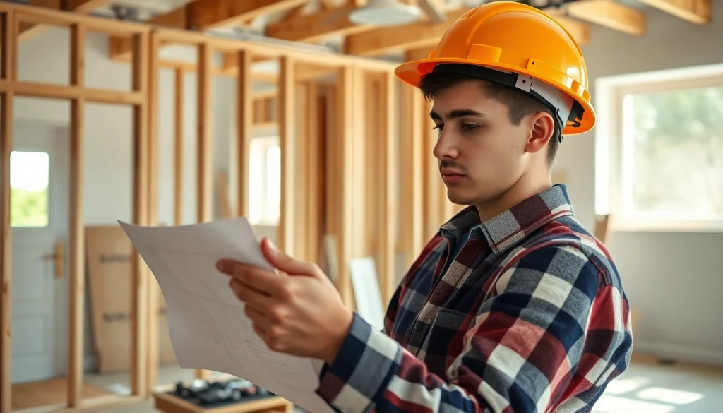 Electrician apprenticeship Hawaii; focused apprentice examining electrical plans in a bright, residential workspace.