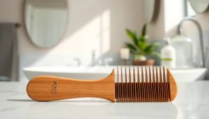 Use a wide tooth comb for effective detangling, showcased in a serene bathroom setting.