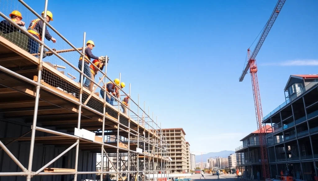 Workers erecting Whangarei scaffolding at a busy construction site with safety gear.