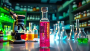 Explore synthetic cannabinoids in a lab environment with a focus on vibrant compounds and scientific equipment.