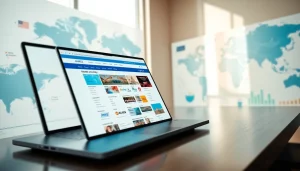 Browse the global business directory featuring international companies on a modern digital interface.
