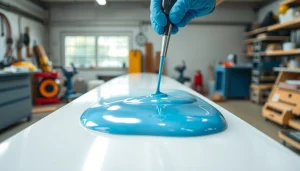Laminating resin being carefully applied on fiberglass layers in a workshop setting.