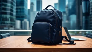 Der Business Rucksack auf einem eleganten Tisch mit High-Tech-Geräten