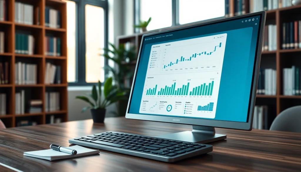 Visualize the importance of a financial planning tool through an engaging office setting with charts and data.