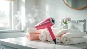 Showcase Laifen hair dryer highlighting its sleek design on a stylish bathroom counter.