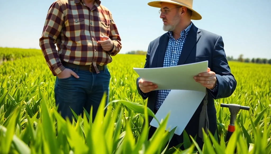 Engaging consultation on agriculture law between a farmer and a lawyer in a green field.