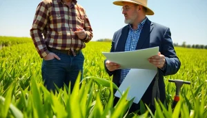 Engaging consultation on agriculture law between a farmer and a lawyer in a green field.