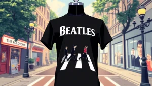 Showcase a beatles abbey road shirt in a vibrant urban setting, highlighting iconic design elements.