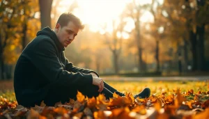 Person reflecting on depression amidst autumn leaves in a peaceful park.
