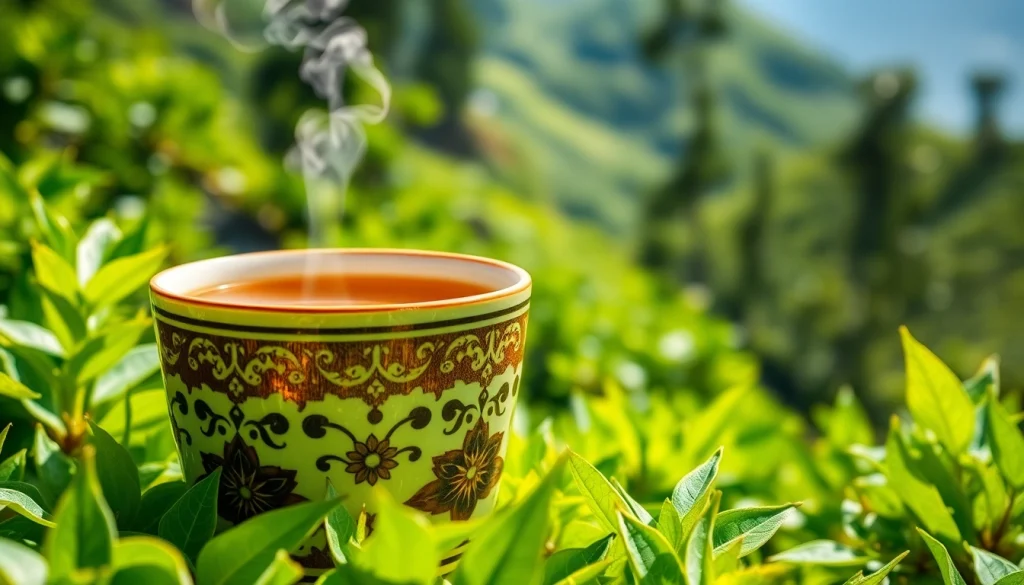 Enjoying Nepali tea in a serene Himalayan setting with rich tea leaves.