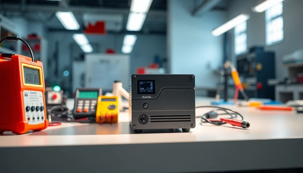 Showcase of starlink mini 12v power supply on a profesional workbench with testing equipment