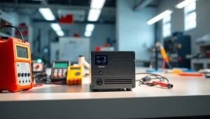 Showcase of starlink mini 12v power supply on a profesional workbench with testing equipment