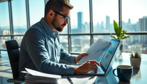 Consultant working as a Corporate FP&A Consultant examining financial data in a modern office setting.