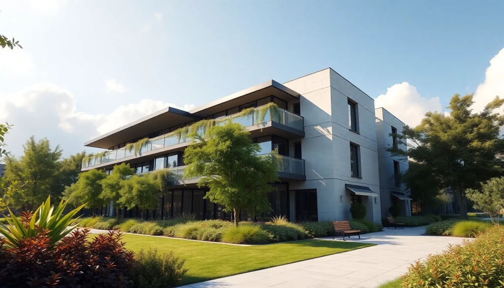 Architekturvisualisierung eines modernen Gebäudes umgeben von üppigem Grün in fotorealistischer Darstellung.
