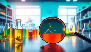 Synthetic Cannabinoids chemical structures alongside colorful laboratory samples on a table.